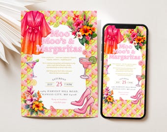 Moo Moos and Margaritas Invitation: Glam Pajama Party, Ladies Night (Digital Download, Canva Template)