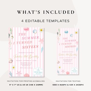 Peut inclure: Mod&egrave;les d'invitation &agrave; rayures roses et blanches avec des accents de coquillages et de fleurs. Le texte indique "The Summer I Turned Sixteen" et comprend les d&eacute;tails d'une f&ecirc;te d'anniversaire. Comprend des mod&egrave;les de 148 x 210 mm et 1080 x 1920px.