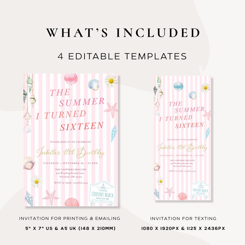 Peut inclure: Mod&egrave;les d'invitation &agrave; rayures roses et blanches avec des accents de coquillages et de fleurs. Le texte indique "The Summer I Turned Sixteen" et comprend les d&eacute;tails d'une f&ecirc;te d'anniversaire. Comprend des mod&egrave;les de 148 x 210 mm et 1080 x 1920px.