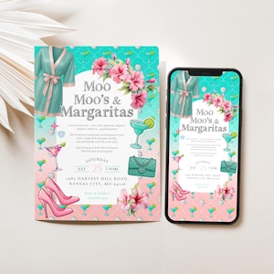 Moo Moos and Margaritas Invitation Ladies Night Bachelorette Editable Canva Template Girls Pajama Party