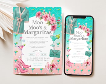 Moo Moos and Margaritas Invitation Ladies Night Bachelorette Editable Canva Template Girls Pajama Party