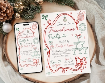 May include: A Friendsmas party invitation on a wooden surface, with a smartphone displaying the same design. The invitation features red and green text and illustrations, including a champagne tower and a Christmas ornament.