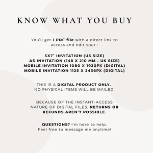 May include: A cream-colored information sheet with the text "KNOW WHAT YOU BUY." It lists invitation sizes: 5x7 inches, A5 (148 x 210 mm), and mobile invitation sizes. The sheet clarifies that the product is digital and no physical items are sent.