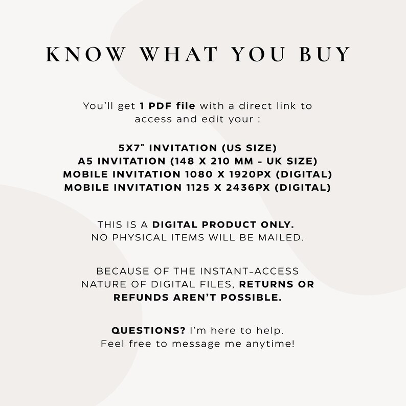 May include: A cream-colored information sheet with the text "KNOW WHAT YOU BUY." It lists invitation sizes: 5x7 inches, A5 (148 x 210 mm), and mobile invitation sizes. The sheet clarifies that the product is digital and no physical items are sent.