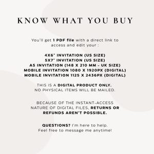 K&ouml;nnte beinhalten: Cremefarbenes Informationsblatt f&uuml;r digitale Produkte mit dem Text "KNOW WHAT YOU BUY". Details umfassen Einladungsgr&ouml;&szlig;en in Zoll und Millimetern sowie Informationen zu digitalen Dateien. Der Text besagt auch, dass es sich nur um ein digitales Produkt handelt.