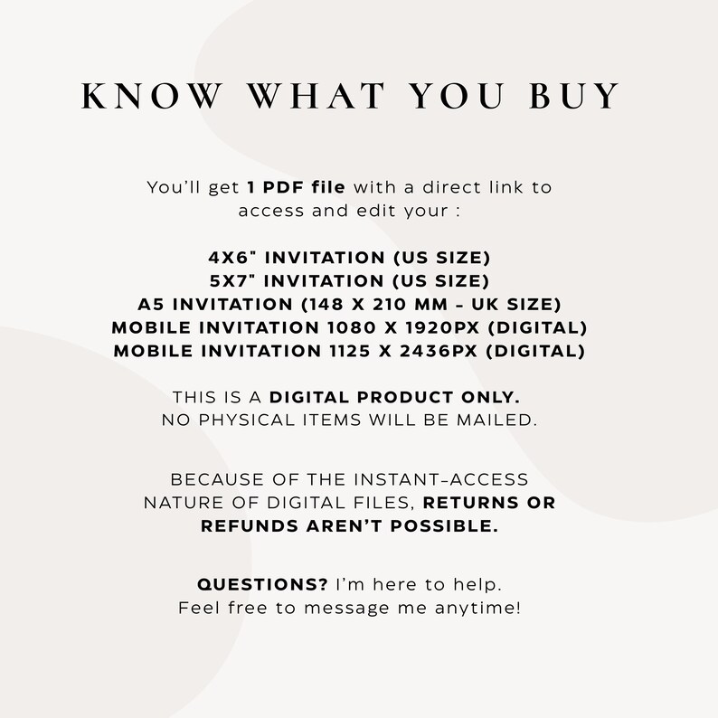 K&ouml;nnte beinhalten: Cremefarbenes Informationsblatt f&uuml;r digitale Produkte mit dem Text "KNOW WHAT YOU BUY". Details umfassen Einladungsgr&ouml;&szlig;en in Zoll und Millimetern sowie Informationen zu digitalen Dateien. Der Text besagt auch, dass es sich nur um ein digitales Produkt handelt.