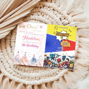 May include: A two-sided birthday invitation with a princess theme on one side and a superhero theme on the other. The princess side has text that reads "Madeline 3th Birthday". The superhero side has the name "Sebastian" and the date "August 26".