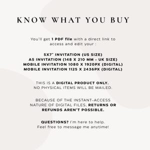 Peut inclure: Feuille d'information num&eacute;rique cr&egrave;me avec le texte &laquo;&nbsp;KNOW WHAT YOU BUY&nbsp;&raquo;. Elle d&eacute;taille les tailles d'invitation&nbsp;: 5x7 pouces, A5 (148 x 210 mm) et les tailles d'invitation mobile. Le produit est uniquement num&eacute;rique.