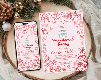 Pink Friendsmas Christmas Party Invitation Editable Digital Template Whimsical Hand Drawn Holiday Invite Friendsmas Xmas Party Invitation