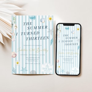 May include: A birthday invitation with a beach theme. The invitation features blue and white stripes, seashells, and daisies. The text reads "The Summer I Turned Thirteen" and includes event details. A smartphone displays the same design.