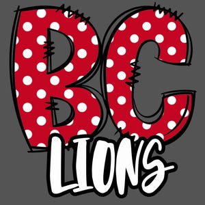 May include: A graphic design featuring the letters "BC" in red with white polka dots, outlined in black, and the word "LIONS" in white. The background is a solid grey colour.