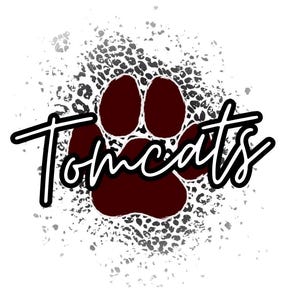 May include: A maroon paw print with the word "Tomcats" in a black and white script font. The paw print is surrounded by a gray and white leopard print pattern and a white background.
