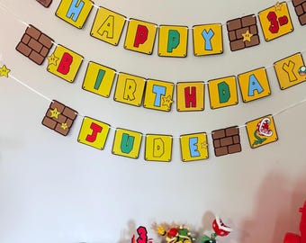 Banner de feliz cumpleaños para gamer inspirado en los hermanos Super Mario / decoración personalizada para fiesta de Mario, unisex, personalizable