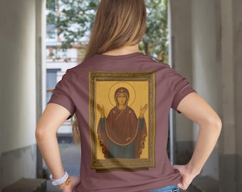Virgin Mary Icon Shirt Christian Faith Tee Comfort Colors 1717 Orans Icon Back Print Orthodox Inspired Apparel Catholic Greek Theotokos