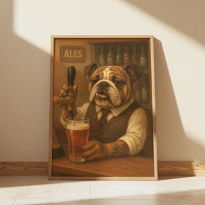 English Bulldog Pub Art Print Funny Dog Pulling Pint British Bar Wall Decor Quirky Animal Illustration Home Bar Artwork