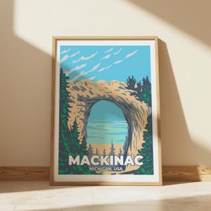 Impresión de la isla Mackinac, arte mural de Michigan, póster con paisaje del lago Hurón, decoración de naturaleza costera, impresión de viaje a los Grandes Lagos, idea de regalo isleño.
