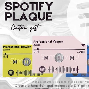 May include: A personalised Spotify plaque with a song display. The plaque has a yellow, pink, and blue design with song details and a play button. The text on the plaque reads "SPOTIFY PLAQUE" and "Custom gift".