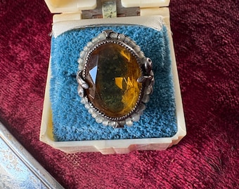 Incredible pearl halo & amber glass sterling ring
