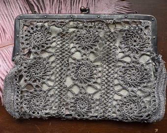 Old leather and steel cut beaded handbag