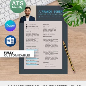 Può includere: Un modello di curriculum vitae personalizzabile con un design professionale. Il curriculum include sezioni per istruzione, esperienza lavorativa e competenze tecniche. Il modello presenta una foto e il testo "//FRANCO ZONERZ JUNIOR WEB DEVELOPER". Include una lettera di presentazione e una guida.