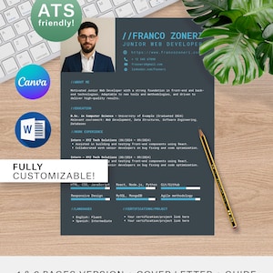 Può includere: Un modello di curriculum con la foto di un uomo, il testo "FRANCO ZONERZ JUNIOR WEB DEVELOPER" e sezioni per istruzione, esperienza lavorativa e competenze. Include il testo "FULLY CUSTOMIZABLE!" e "1 & 2 PAGES VERSION + COVER LETTER + GUIDE".