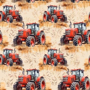 Może przedstawiać: Powtarzający się wzór akwarelowy z czerwonymi traktorami z czarnymi oponami i srebrnymi kabinami. Traktory umieszczone są na beżowym tle z subtelnym, teksturowanym wzorem. Obraz nawiązuje do wiejskiego, rolniczego tematu.