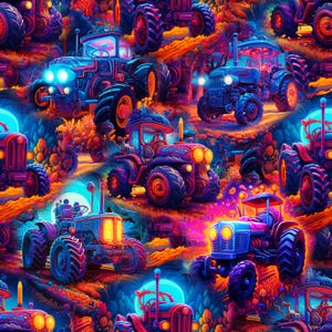 Può includere: Un motivo ripetuto di trattori colorati in tonalità di blu, viola, arancione e rosso. I trattori, con le loro grandi ruote e i fari, si stagliano su uno sfondo di campi e fogliame stilizzati. Il design è stravagante e accattivante.