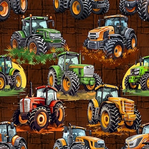 Può includere: Un motivo senza cuciture con diverse illustrazioni di trattori colorati su uno sfondo di legno marrone. I trattori sono in varie tonalità di verde, rosso, giallo e blu.