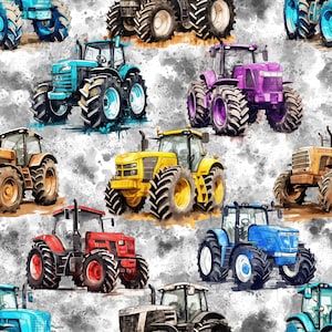Può includere: Un motivo ripetuto di trattori colorati in varie tonalità di blu, rosso, giallo, viola e marrone. I trattori sono ambientati su uno sfondo grigio e bianco macchiato, creando un design a tema fattoria.