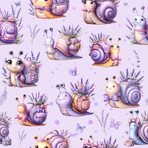 Könnte beinhalten: Ein sich wiederholendes Muster von skurrilen Schnecken mit lavendelgefüllten Rucksäcken und lila Gehäusen. Die Schnecken sind in verschiedenen Farben, darunter Lavendel, Rosa und Gelb, mit lächelnden Gesichtern und Schleifen. Schmetterlinge und Lavendelzweige sind auf einem hellvioletten Hintergrund verstreut.