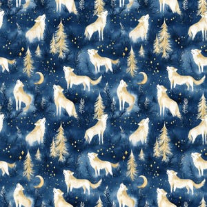 Könnte beinhalten: Ein sich wiederholendes Muster mit Aquarellillustrationen von heulenden Wölfen, goldenen Bäumen, Monden und Sternen auf einem dunkelblauen Hintergrund. Das Design erinnert an eine mystische Nachtwaldszene.