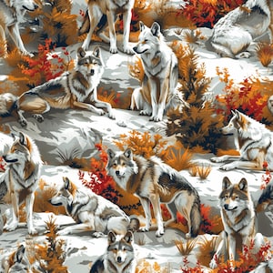 Könnte beinhalten: Ein sich wiederholendes Muster mit mehreren Wölfen in verschiedenen Posen. Die Wölfe haben braunes, graues und weißes Fell, vor einem Hintergrund aus orangefarbenem und braunem Laub und grauen Felsen. Das Design erinnert an ein natürliches Wildnis-Thema.