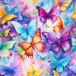 May include: A colourful illustration of butterflies with vibrant wings in shades of blue, purple, orange, yellow, and pink. The butterflies are flying against a background of soft, pastel clouds.
