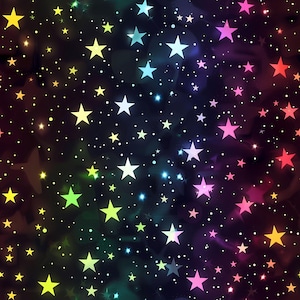 May include: A seamless pattern featuring a dark background with a gradient of colors, including yellow, green, blue, and pink. The design is filled with stars of varying sizes and white dots, creating a celestial theme.