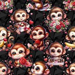 Könnte beinhalten: Ein nahtloses Muster mit niedlichen Cartoon-Affen mit großen Augen. Die Affen halten verschiedene Valentinstags-Artikel wie Blumen, Schokolade und Herzen. Der Hintergrund ist schwarz mit einem verstreuten Muster aus Herzen.