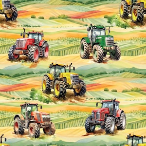 Può includere: Illustrazione ad acquerello di trattori in un campo. L'immagine presenta diversi trattori rossi, verdi e gialli, sullo sfondo di dolci colline e terreni agricoli. I trattori hanno pneumatici grandi e sono raffigurati in uno stile pittorico.