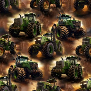 Può includere: Motivo ripetuto di trattori verdi con pneumatici grandi. I trattori sono ambientati su uno sfondo di cielo nuvoloso e campi. I trattori hanno vari design e dimensioni, alcuni con luci e altri dettagli.