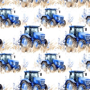Può includere: Motivo ripetuto ad acquerello con trattori blu su sfondo di grano ed elementi floreali blu su sfondo bianco. I trattori, con le loro grandi ruote, creano un design rustico e ispirato alla fattoria.