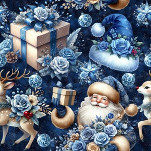 Puede incluir: Ilustración navideña festiva con un patrón repetido de cajas de regalo, Papá Noel, renos y adornos. El diseño incorpora rosas azules, estrellas y un fondo azul oscuro, creando un ambiente de vacaciones de invierno.
