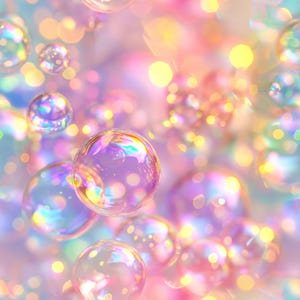 Könnte beinhalten: Ein verträumtes, abstraktes Bild mit zahlreichen schillernden Blasen, die vor einem weichen, verschwommenen Hintergrund schweben. Die Blasen reflektieren ein Farbspektrum, darunter Rosa, Lila und Gelb, was einen skurrilen und ätherischen Effekt erzeugt.