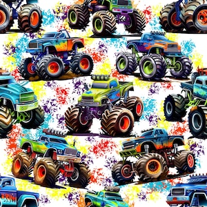 Può includere: Un motivo ripetuto di monster truck colorati su sfondo bianco con schizzi di vernice. I camion sono in vari colori, tra cui blu, verde e arancione, con pneumatici grandi e design dettagliati. Lo sfondo presenta schizzi rossi, gialli, blu e viola.