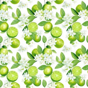 Könnte beinhalten: Ein nahtloses Muster mit grünen Limetten, einige davon halbiert, um das saftige Innere zu zeigen, vermischt mit weißen Blüten und grünen Blättern. Das Design ist vor einem sauberen weißen Hintergrund angeordnet.