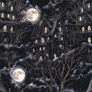 Può includere: Motivo ripetuto di case scure e spettrali con finestre illuminate, alberi spogli e lune piene contro un cielo stellato. L'illustrazione ha un'estetica gotica vintage, perfetta per Halloween o progetti a tema horror.