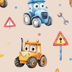Può includere: Illustrazione ad acquerello di un motivo senza cuciture con trattori dei cartoni animati, segnali stradali e strumenti. I trattori sono blu e arancioni, con facce amichevoli. Lo sfondo è beige chiaro.