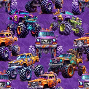 Può includere: Un motivo ripetuto di monster truck colorati su sfondo viola. I camion presentano disegni a tema teschio, pneumatici grandi e vari colori tra cui arancione, viola e giallo. Il tema generale è uno stile giocoso e fumettistico.
