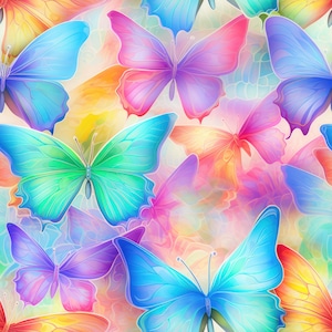 Puede incluir: Un patrón vibrante y sin costuras con numerosas mariposas en tonos de azul, verde, rosa, morado y naranja. Las mariposas tienen patrones de alas detallados sobre un fondo suave y colorido.