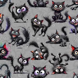 May include: A repeating pattern featuring cartoon black cats with large eyes and expressive faces. The cats are depicted in various playful poses against a grey backdrop with a subtle, repeating design. The cats have red or pink accents.