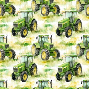 Può includere: Motivo acquerello con trattori verdi con ruote gialle su uno sfondo di lavaggi ad acquerello verdi e gialli. I trattori sono dettagliati con fari e tubi di scarico, creando un tema agricolo ripetitivo.