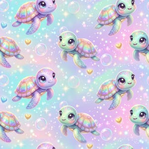 Könnte beinhalten: Ein sich wiederholendes Muster von Cartoon-Meeresschildkröten in Pastellfarben. Die Schildkröten haben regenbogenfarbene Panzer und große, ausdrucksstarke Augen. Blasen, Herzen und glitzernde Sterne füllen den Hintergrund und erzeugen eine skurrile und verträumte Ästhetik.