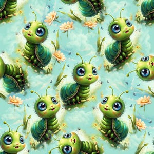 Puede incluir: Un patrón repetitivo con orugas de dibujos animados con grandes ojos azules y cuerpos verdes. Las orugas están rodeadas de margaritas y mariposas sobre un fondo azul claro, creando un diseño caprichoso y alegre.